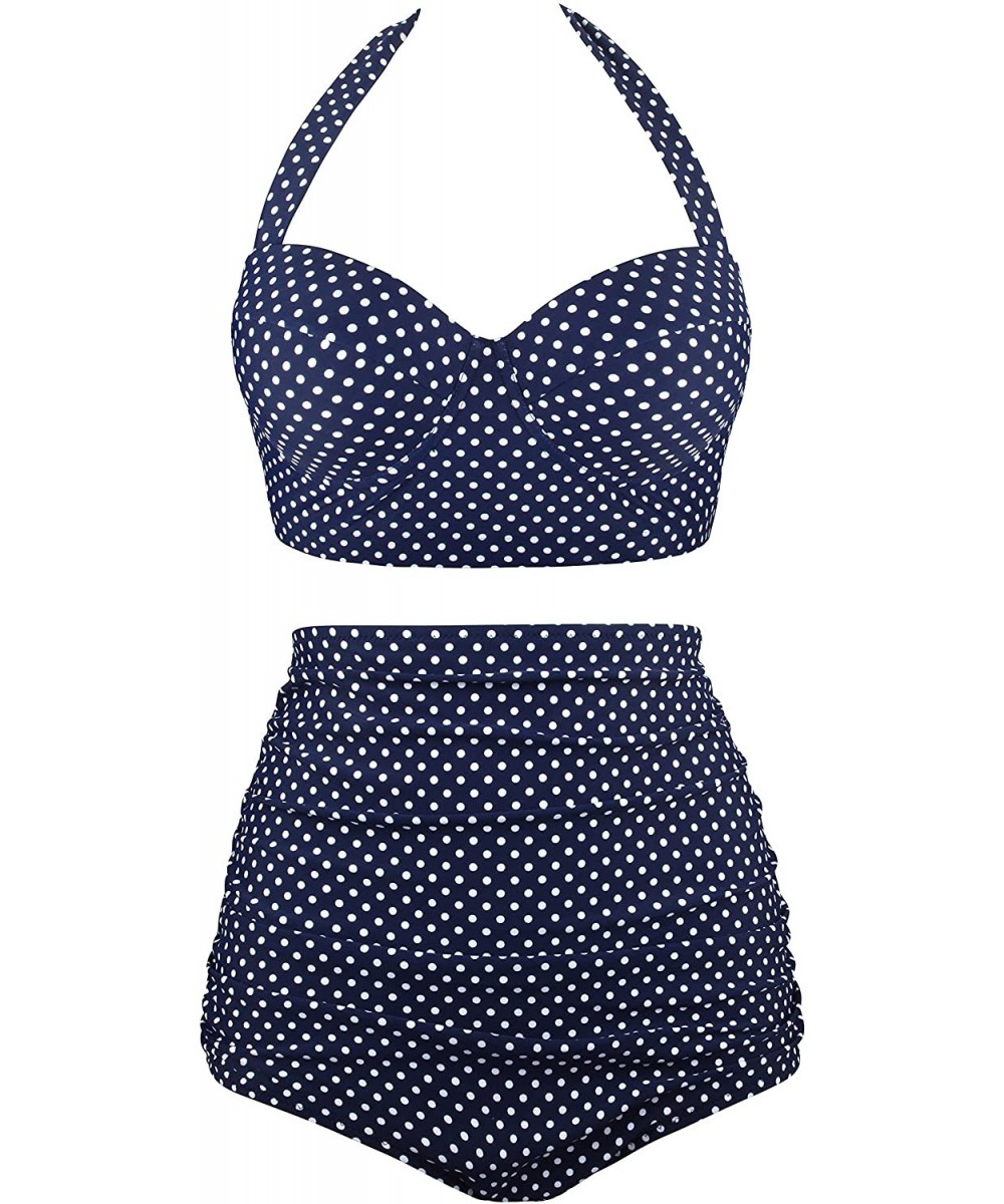 Racing Women Vintage Polka Dot High Waisted Bathing Suits Bikini Set - Old Size-navy - CS12H2F1O1B