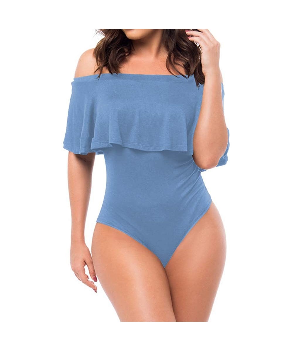 One-Pieces Women's Off Shoulder Ruffle Bodysuit Leotards Rompers Jumpsuits - C-sky Blue - CB190MHK75L