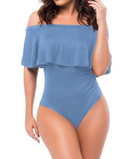 One-Pieces Women's Off Shoulder Ruffle Bodysuit Leotards Rompers Jumpsuits - C-sky Blue - CB190MHK75L