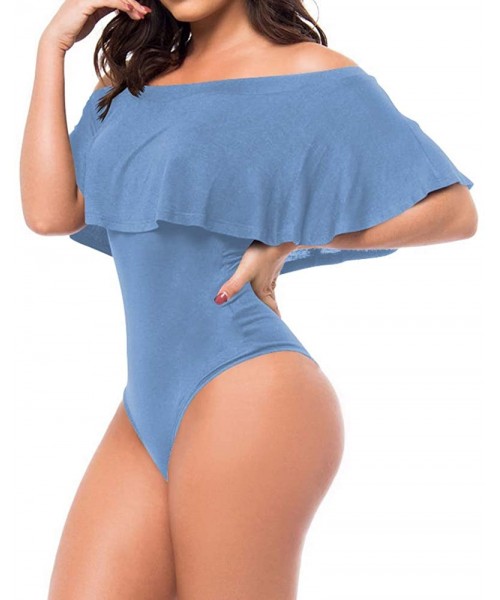 One-Pieces Women's Off Shoulder Ruffle Bodysuit Leotards Rompers Jumpsuits - C-sky Blue - CB190MHK75L