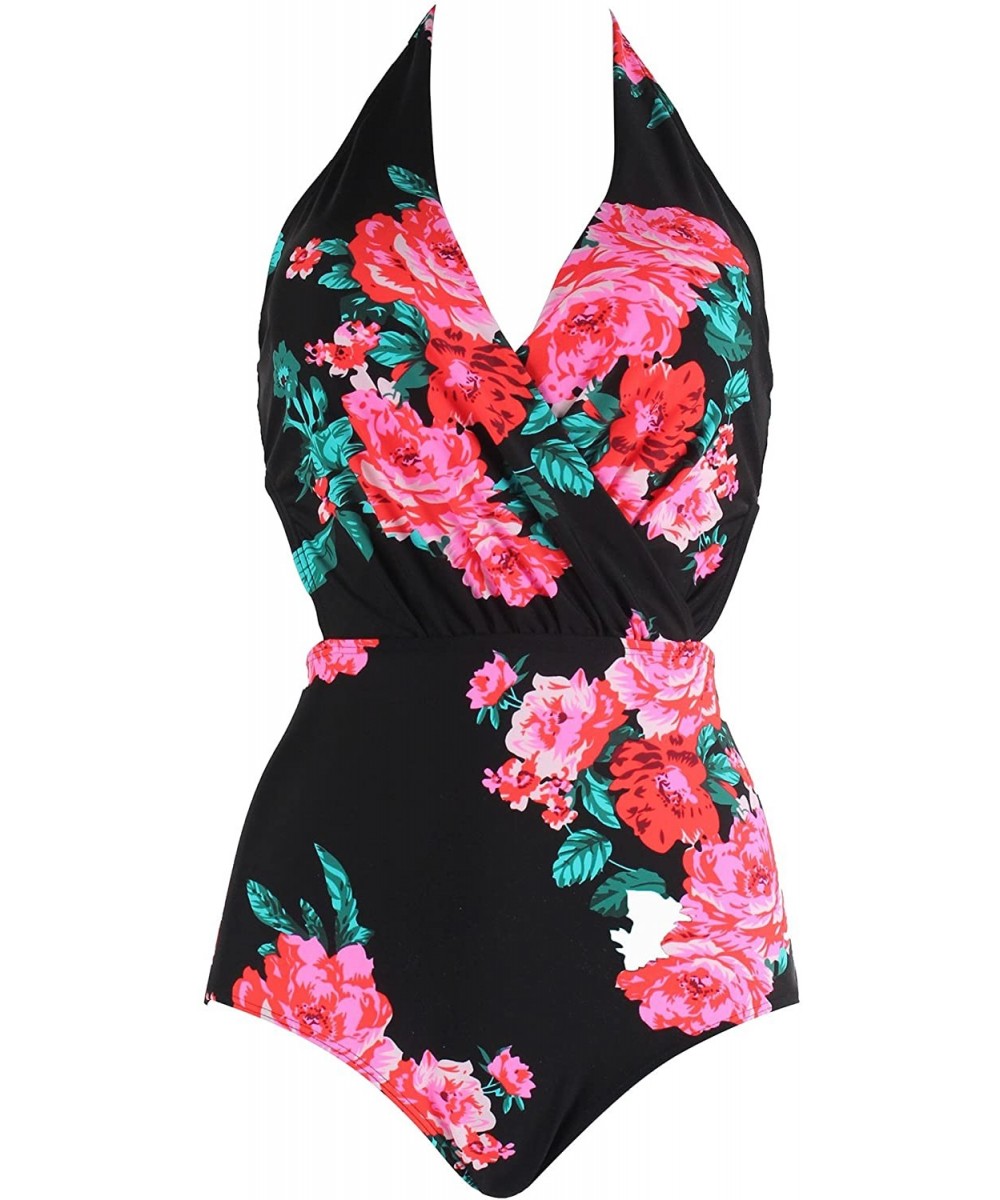 One-Pieces Women's One Piece Backless Swimsuits Plunging Neckline Front Cross High Waist Bathing Suits Swimwear Black&flower ...