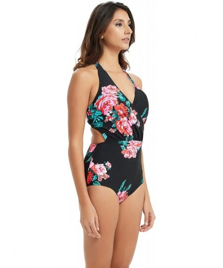 One-Pieces Women's One Piece Backless Swimsuits Plunging Neckline Front Cross High Waist Bathing Suits Swimwear Black&flower ...