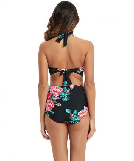 One-Pieces Women's One Piece Backless Swimsuits Plunging Neckline Front Cross High Waist Bathing Suits Swimwear Black&flower ...