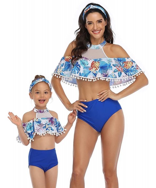 One-Pieces Mum and Daughter Matching Bathingsuit Family Swimwear Womens Floral Bikini Sets Girls Swimsuits Off Shoulder Blue ...