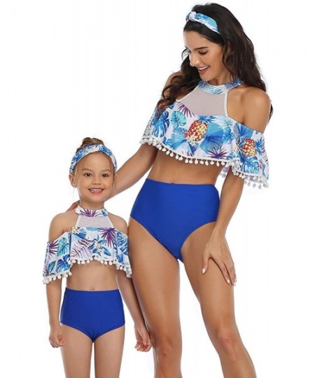 One-Pieces Mum and Daughter Matching Bathingsuit Family Swimwear Womens Floral Bikini Sets Girls Swimsuits Off Shoulder Blue ...