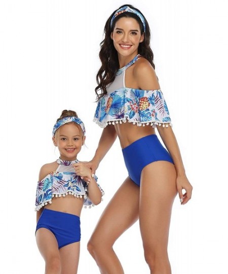 One-Pieces Mum and Daughter Matching Bathingsuit Family Swimwear Womens Floral Bikini Sets Girls Swimsuits Off Shoulder Blue ...