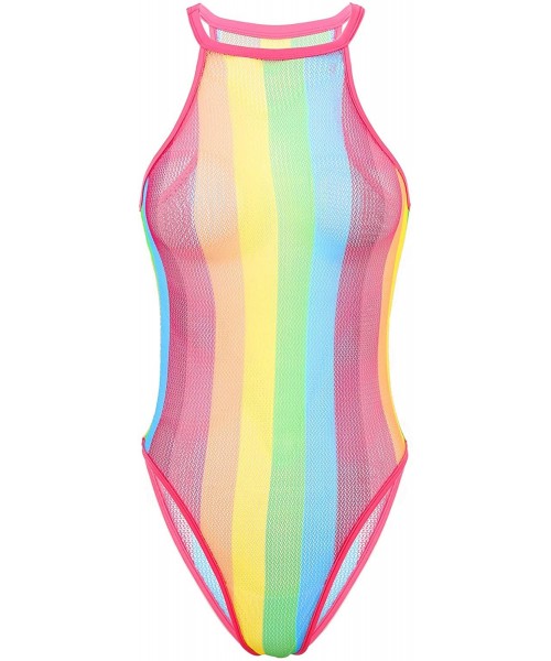 Racing Women's One Piece Fishnet Rainbow Striped Babydoll Leotard Halter Bodysuit Summer Swimwear - Pink - CW1987KA7WT