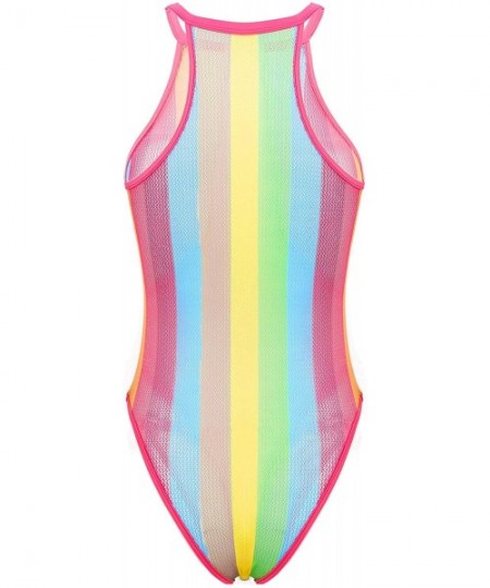 Racing Women's One Piece Fishnet Rainbow Striped Babydoll Leotard Halter Bodysuit Summer Swimwear - Pink - CW1987KA7WT