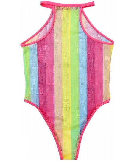 Racing Women's One Piece Fishnet Rainbow Striped Babydoll Leotard Halter Bodysuit Summer Swimwear - Pink - CW1987KA7WT