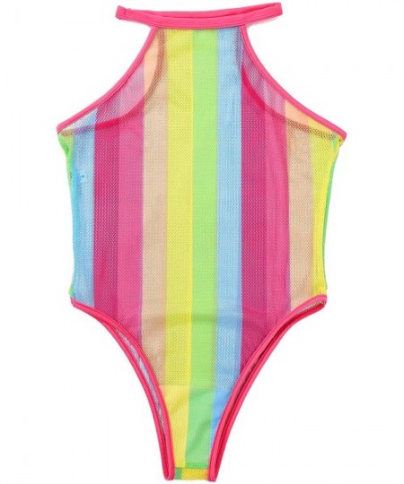 Racing Women's One Piece Fishnet Rainbow Striped Babydoll Leotard Halter Bodysuit Summer Swimwear - Pink - CW1987KA7WT