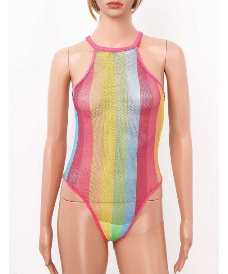 Racing Women's One Piece Fishnet Rainbow Striped Babydoll Leotard Halter Bodysuit Summer Swimwear - Pink - CW1987KA7WT