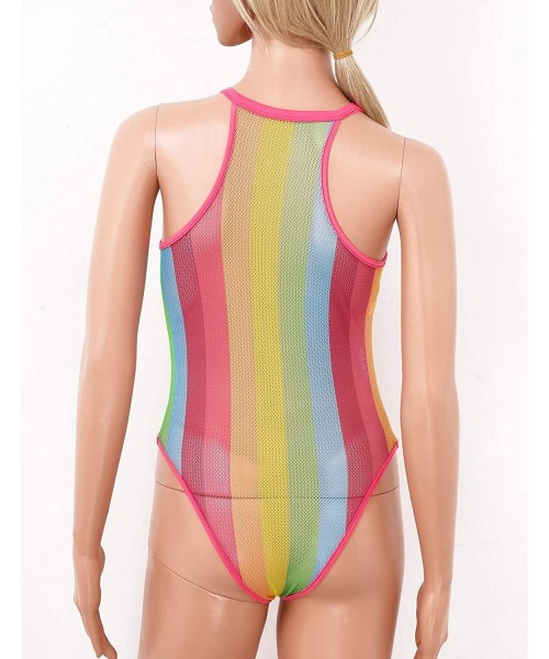 Racing Women's One Piece Fishnet Rainbow Striped Babydoll Leotard Halter Bodysuit Summer Swimwear - Pink - CW1987KA7WT