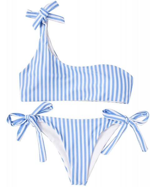 Sets Women's Sexy Bathing Suits One Shoulder Tie Knot Front Bikini Swimsuit - Striped-blue - CP18NHUZRQA