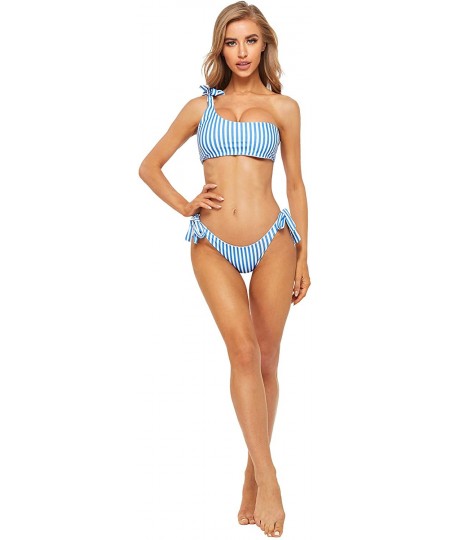 Sets Women's Sexy Bathing Suits One Shoulder Tie Knot Front Bikini Swimsuit - Striped-blue - CP18NHUZRQA