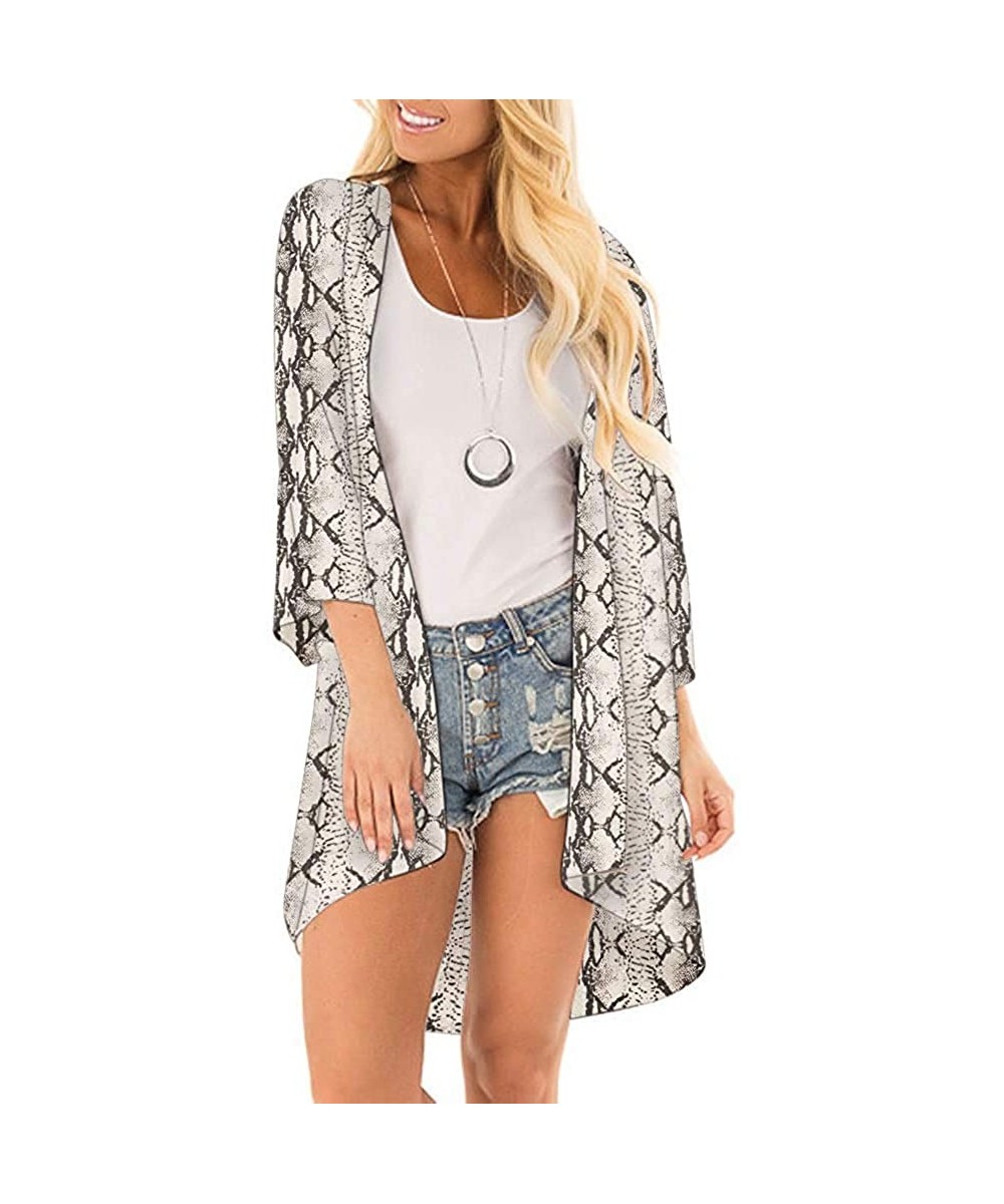 Cover-Ups Women Floral Kimono Swimsuit Cover Up 3/4 Sleeve Shawl Sheer Chiffon Blouse Loose Long Cardigan - Snake Print - CA1...