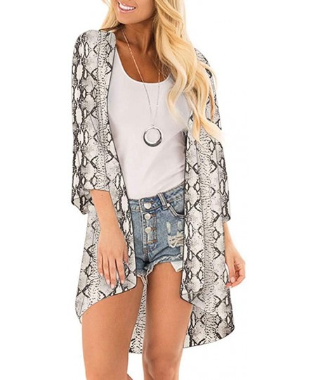 Cover-Ups Women Floral Kimono Swimsuit Cover Up 3/4 Sleeve Shawl Sheer Chiffon Blouse Loose Long Cardigan - Snake Print - CA1...