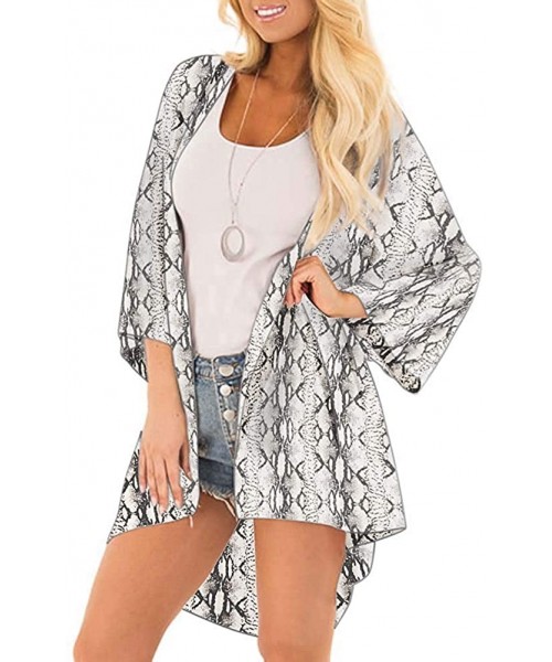 Cover-Ups Women Floral Kimono Swimsuit Cover Up 3/4 Sleeve Shawl Sheer Chiffon Blouse Loose Long Cardigan - Snake Print - CA1...