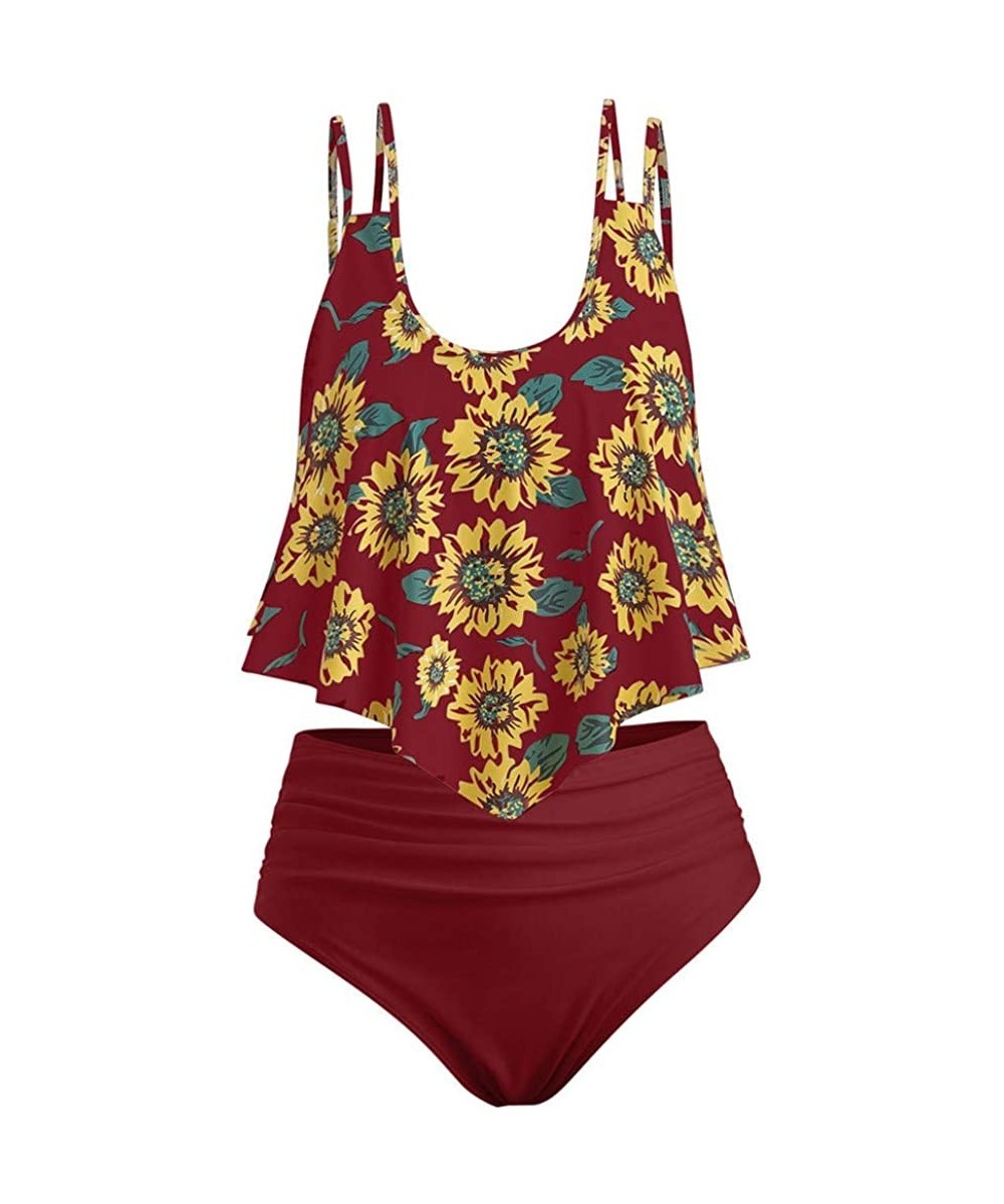 Sets Bathing Suit Two Piece Ruffled Top with High Waisted Bottom Bikini Sets Sunflower Floral Print Tankini - Sunflower_wine ...