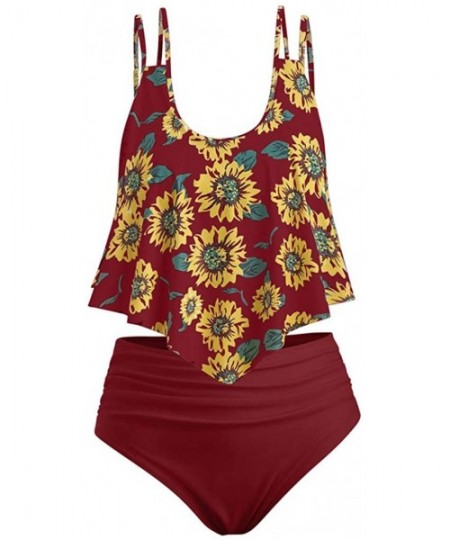 Sets Bathing Suit Two Piece Ruffled Top with High Waisted Bottom Bikini Sets Sunflower Floral Print Tankini - Sunflower_wine ...