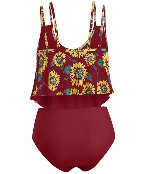 Sets Bathing Suit Two Piece Ruffled Top with High Waisted Bottom Bikini Sets Sunflower Floral Print Tankini - Sunflower_wine ...