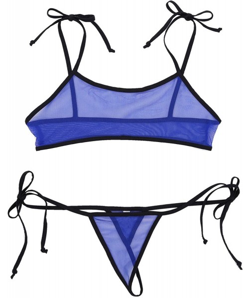 Sets Women's See Through Mesh Bikinis Micro Bra Tops Brazilian Thong Swimsuit Bathing Suit - Royal&blue&black - CN19D0SO37Z