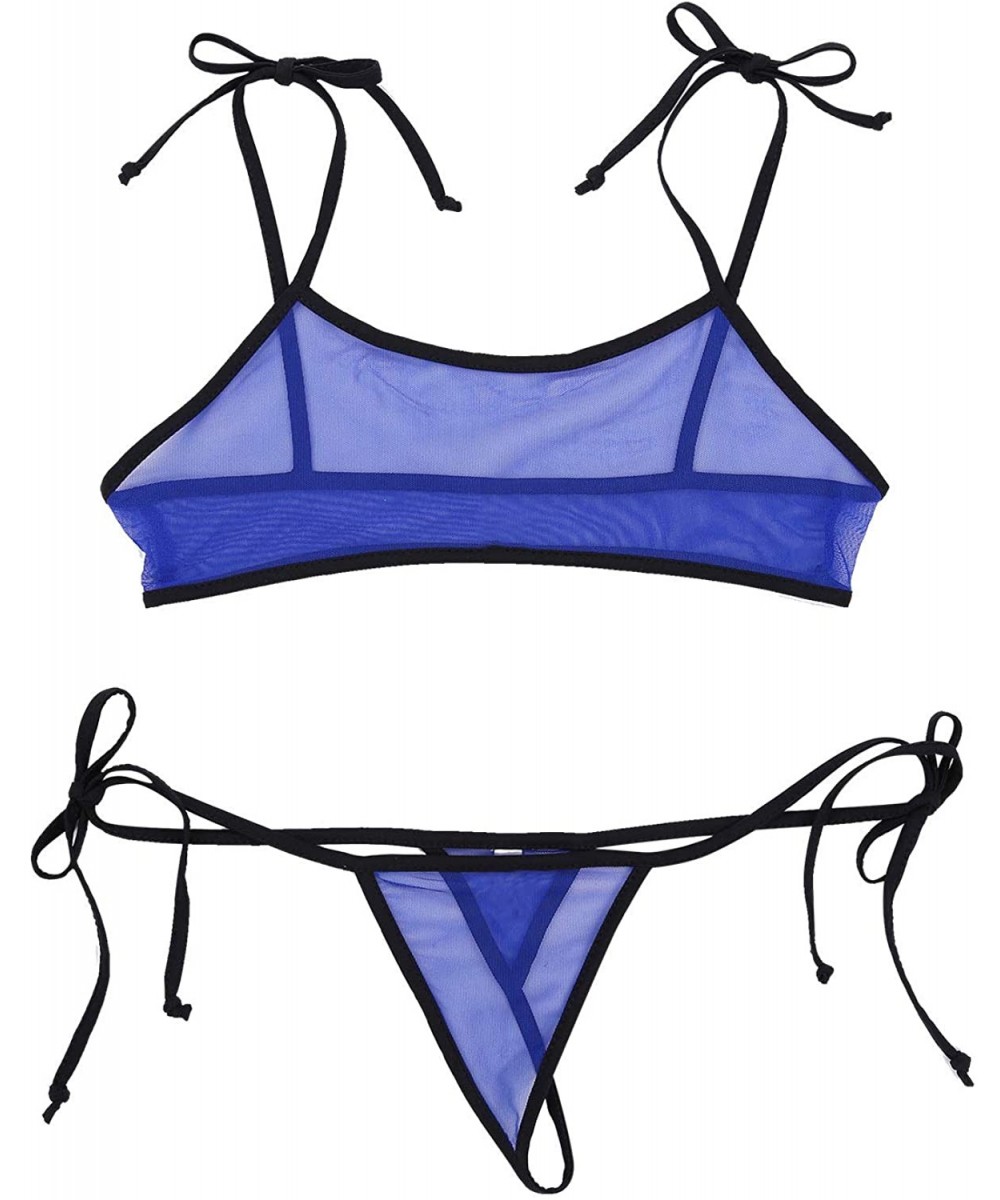 Sets Women's See Through Mesh Bikinis Micro Bra Tops Brazilian Thong Swimsuit Bathing Suit - Royal&blue&black - CN19D0SO37Z