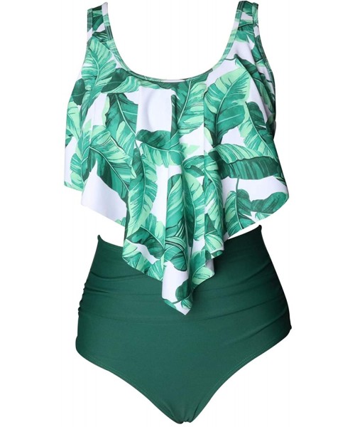 Tankinis Women's High Neck Two Piece Bathing Suits Top Ruffled High Waist Swimsuit Tankini Bikini Sets - Green-leaves C - CR1...