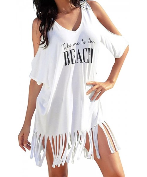 Cover-Ups Women Summer Skirts Loose Tassel Letters Print Strapless Swimwear Bikini Smock Cover-UPS Beach Mini Dress - White -...