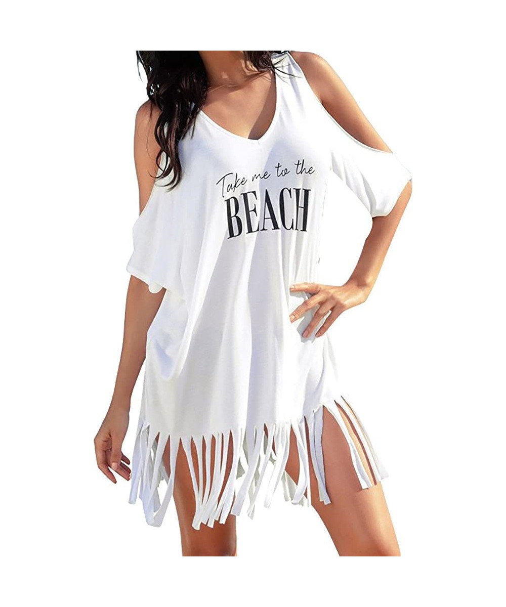 Cover-Ups Women Summer Skirts Loose Tassel Letters Print Strapless Swimwear Bikini Smock Cover-UPS Beach Mini Dress - White -...