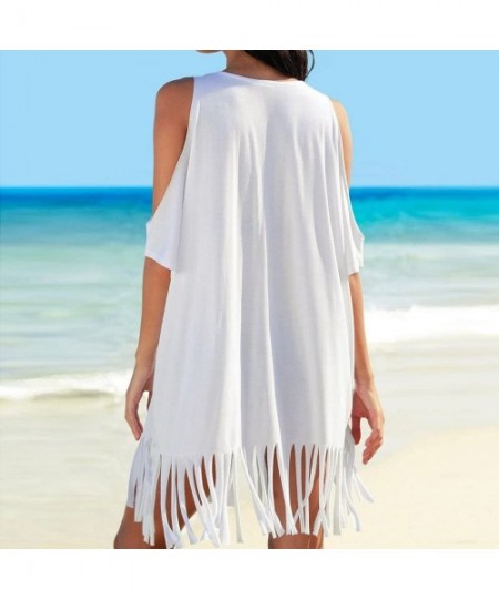 Cover-Ups Women Summer Skirts Loose Tassel Letters Print Strapless Swimwear Bikini Smock Cover-UPS Beach Mini Dress - White -...