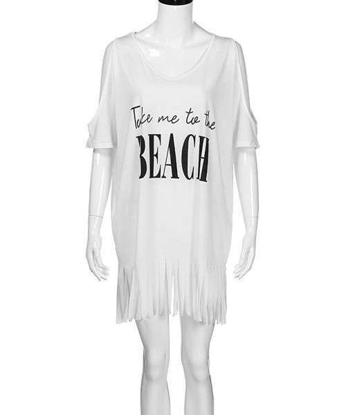 Cover-Ups Women Summer Skirts Loose Tassel Letters Print Strapless Swimwear Bikini Smock Cover-UPS Beach Mini Dress - White -...