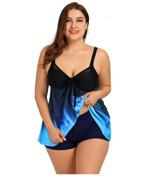 Sets Women's Plus Size Swimsuit Floral Printed Plus Swimwear Tankini Two Pieces Swimdress - Blue4 - CF196T68Q78