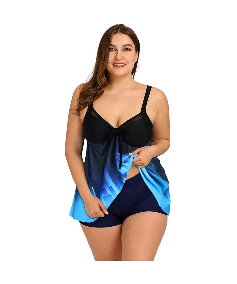 Sets Women's Plus Size Swimsuit Floral Printed Plus Swimwear Tankini Two Pieces Swimdress - Blue4 - CF196T68Q78