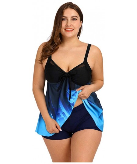 Sets Women's Plus Size Swimsuit Floral Printed Plus Swimwear Tankini Two Pieces Swimdress - Blue4 - CF196T68Q78