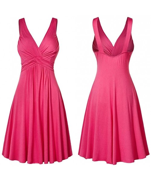 One-Pieces Women's Plus Size V-Neck Retro Sling Pleated Slim Flare Skirt Dresse - Pink - CG18SE8RTXY