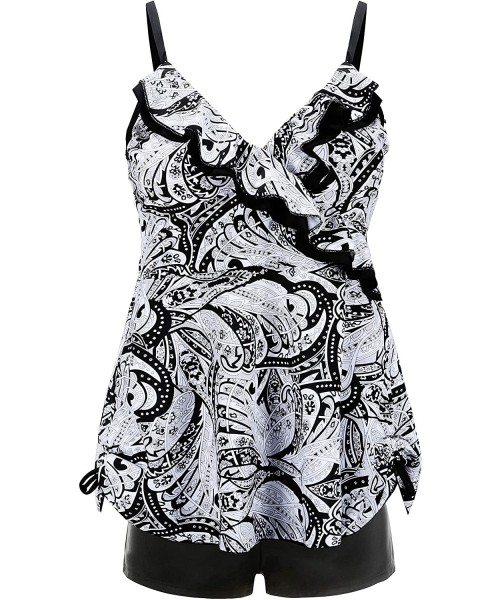 Sets Womens Plus Size Swimsuits Swimwear Bathing Suit Two Piece Tankini Floral Print - White & Black - C418RDSNWSS