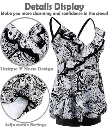 Sets Womens Plus Size Swimsuits Swimwear Bathing Suit Two Piece Tankini Floral Print - White & Black - C418RDSNWSS