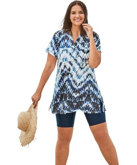 Tankinis Women's Plus Size Short-Sleeve Swim Tunic - Blue Tie Dye Zigzag (2451) - CI193I64RT7