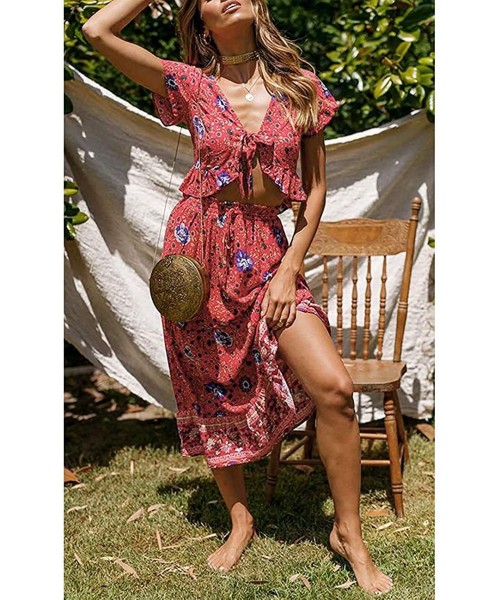 Cover-Ups Casual Floral Beach Sundress Elastic High Waist Midi Skirt Boho Pleated Flowy Midi Dress for Women - Red Floral - C...