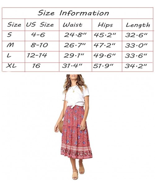 Cover-Ups Casual Floral Beach Sundress Elastic High Waist Midi Skirt Boho Pleated Flowy Midi Dress for Women - Red Floral - C...