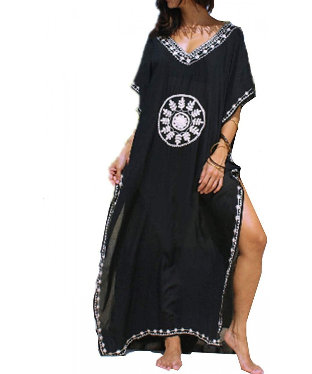 Cover-Ups Women's Bathing Suit Turkish Kaftans Swimsuit Cover up Caftan Beach Long Dress - Black Embroidery - CR18T9QNX44