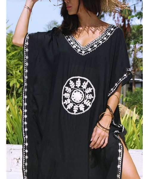 Cover-Ups Women's Bathing Suit Turkish Kaftans Swimsuit Cover up Caftan Beach Long Dress - Black Embroidery - CR18T9QNX44