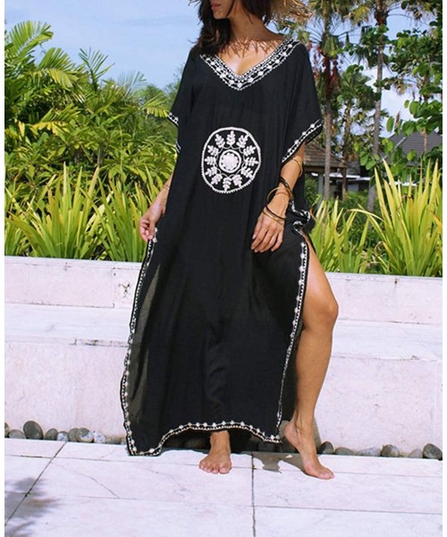 Cover-Ups Women's Bathing Suit Turkish Kaftans Swimsuit Cover up Caftan Beach Long Dress - Black Embroidery - CR18T9QNX44