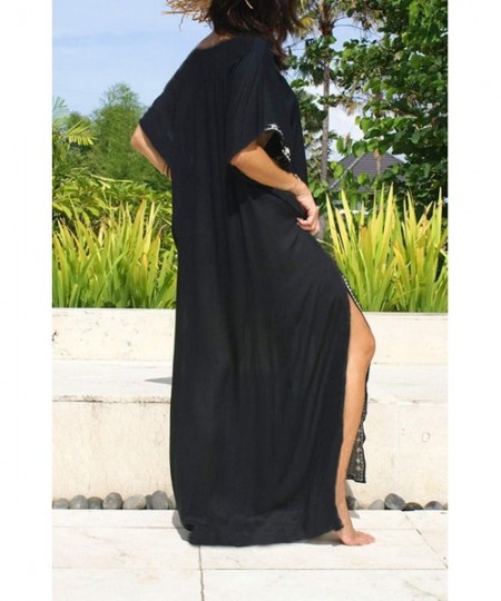 Cover-Ups Women's Bathing Suit Turkish Kaftans Swimsuit Cover up Caftan Beach Long Dress - Black Embroidery - CR18T9QNX44