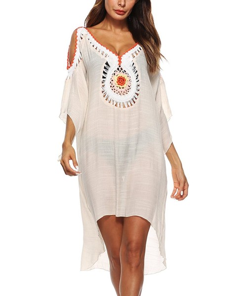 Cover-Ups Women Bathing Suit Cover Up Beach Swimwear Crochet Cold Shoulder Dress - Beige - C218DL6SRWE