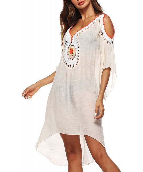 Cover-Ups Women Bathing Suit Cover Up Beach Swimwear Crochet Cold Shoulder Dress - Beige - C218DL6SRWE