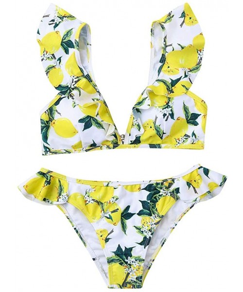 Sets Women Swimsuits Floral Print Bikini Set Summer Swimming Two Piece Swimwear Beach Suit - Yellow - CZ194HHMU0C