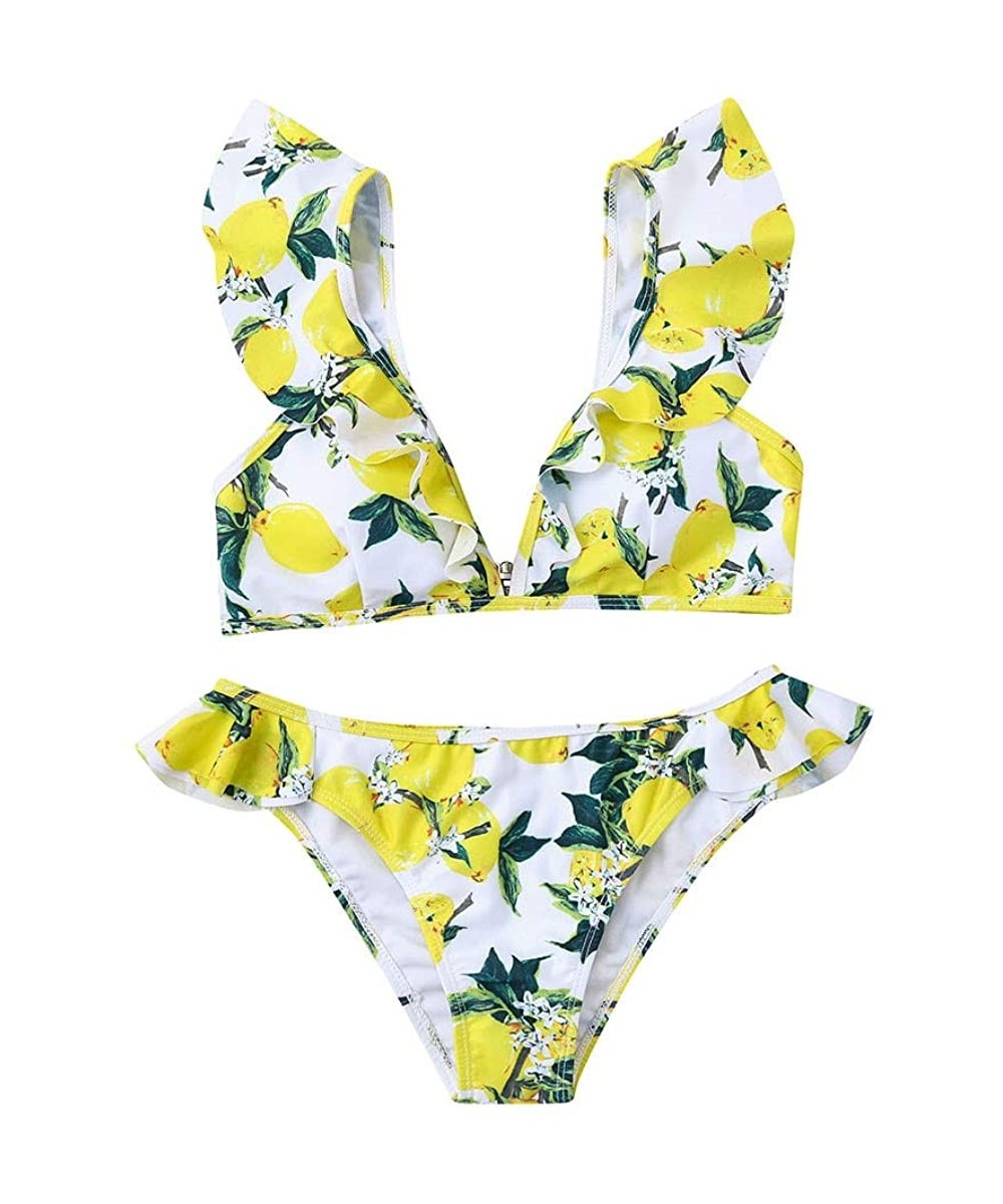 Sets Women Swimsuits Floral Print Bikini Set Summer Swimming Two Piece Swimwear Beach Suit - Yellow - CZ194HHMU0C