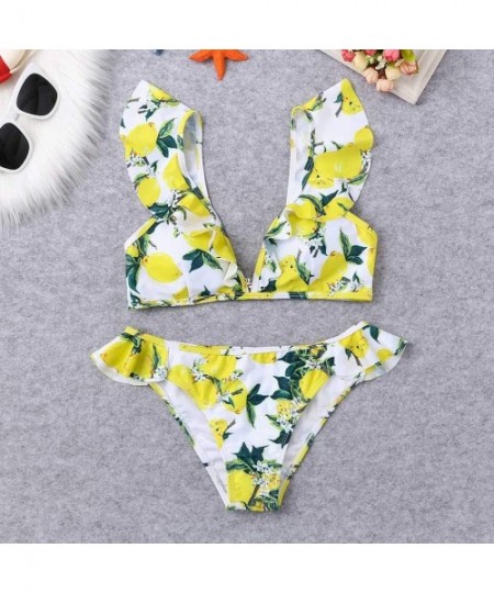 Sets Women Swimsuits Floral Print Bikini Set Summer Swimming Two Piece Swimwear Beach Suit - Yellow - CZ194HHMU0C