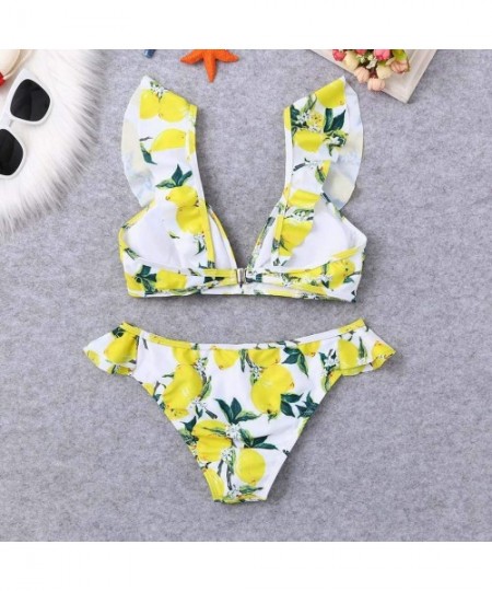 Sets Women Swimsuits Floral Print Bikini Set Summer Swimming Two Piece Swimwear Beach Suit - Yellow - CZ194HHMU0C